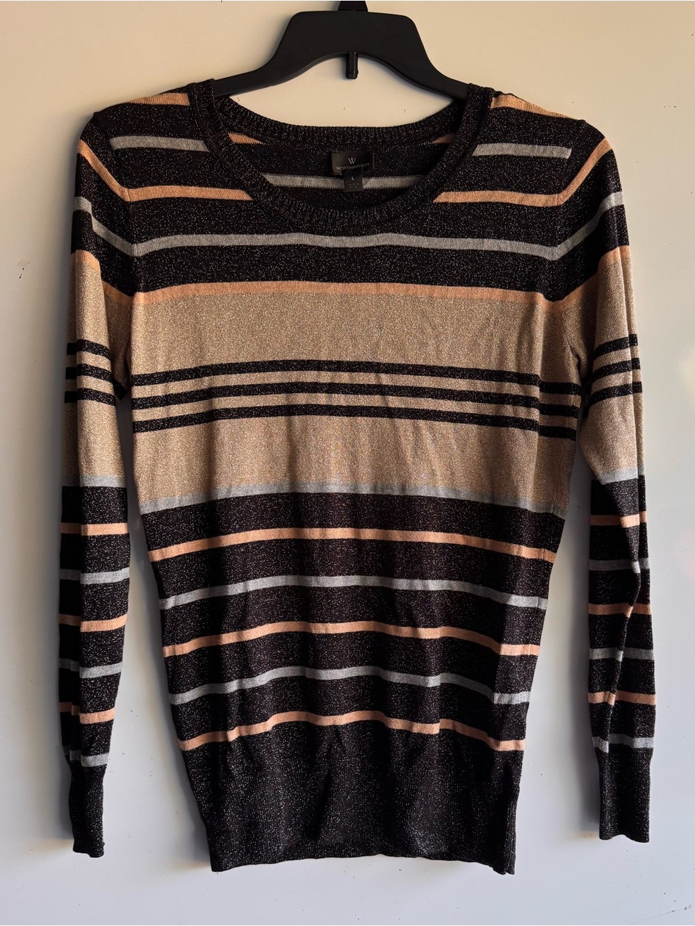 Worthington Black, Tan & Light Gray Striped Crewneck Sweater